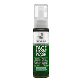 Thyme Out Face and Body Wash - 201-ml green pump plastic bottle with clear lid; a gentle but powerful anti-inflammatory, anti-viral and anti-fungal face and body wash that may help alleviate eczema, acne and psoriasis as well as poison ivy and other rashes.