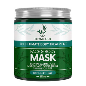 Thyme Out Face and Body Mask - 8-oz green plastic jar with silver screw lid; Consider Thyme Out’s Face and Body Mask your 100% natural treatment for blemished skin and other skin conditions and even for your pet’s skin problems!