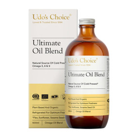 Udo's Choice Ultimate Oil Blend 500-ml - front image; benefits including delivering a balanced 2:1:1 ratio of the essential fatty acids (EFAs) omega 3 and 6, and the beneficial fatty acid omega 9.