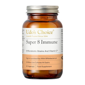 Udo's Choice Super 8 Immune - 30-Capsules in a amber glass jar; formulated for rectifying serious flora imbalance or disruption.