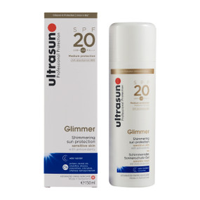 Ultrasun Glimmer SPF20 - 150-ml front image; contains tiny particles which enhance UV protection by deflecting the sun’s rays – and leaves your skin with a radiant glow.