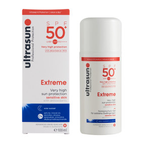 Ultrasun Extreme Sun Lotion 50+ - 100-ml  front image; keeps your skin protected –and is suitable even for sensitive skin types.