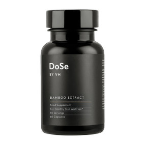 DoSe by VH Bamboo Extract  60-Capsules in a black plastic bottle and a black label;  high strength silica supplement from bamboo extract for healthy skin, hair & nails.