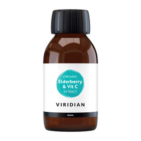 Viridian Organic Elderberry & Vit C Extract 100 ml in a amber glass bottle with black cap & white lable