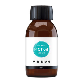 Viridian Organic MCT Oil, 200 ml, in an amber glass bottle with a white label and black cap