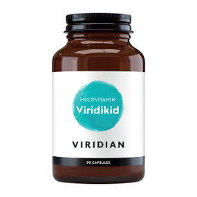 Viridian Nutrition Viridikid Multivitamin, 90 Capsules in an amber glass bottle with a black cap & white label, is a childrens multivitamin supplement to support growth, immunity, boost energy & overall health.