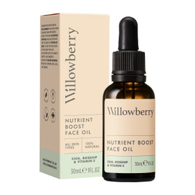 Willowberry Nutrient Boost Face Oil - 30-ml glass dropper bottle and carton box; leaves your skin radiant, nourished and nurtured, and delicately scented with Coriander Seed and Geranium.