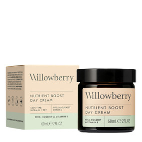 Willowberry Nutrient Boost Day Cream - 60-ml amber glass jar and carton box; This day cream delivers intense hydration, leaving dry and sensitive skin feeling wonderfully soothed and nourished.