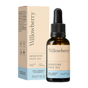 Willowberry Sensitive Face Oil - 30-ml glass dropper bottle and pink carton box; hydrates, smooths and reduces redness