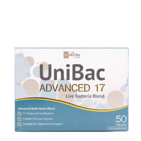 SC Nutra UniBac Advanced 17 Probiotic Blend - 50-Capsules box; a comprehensive probiotic supplement with a formulation of 17 clinically backed probiotic strains, with over 6 billion live bacteria per dose.
