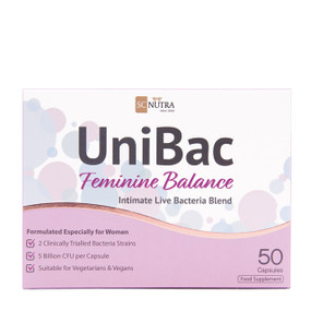 SC Nutra UniBac Feminine Balance - 50-Capsules white and pink carton box; probiotics for thrush & vaginal infection