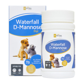 SC Nutra Waterfall D-Mannose Pet Powder - 50-Grams white and blue carton box and plastic tub