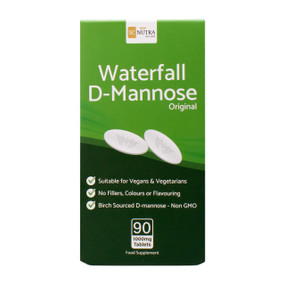 SC Nutra Waterfall D-Mannose 90 tablets in a green carton box; D-Mannose helps to treat cystitis, urine infection, UTI's and bladder infections quickly and safely.