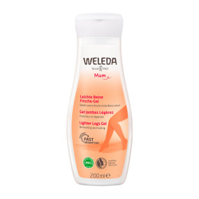 Weleda Lighter Legs Gel 200ml - white plastic tube and pink label; a cooling leg gel ideal to tired, achy feet, heavy or puffy legs & feet suitable for everyone including during pregnancy.