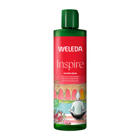 Weleda Inspire Shower Cream 400ml in a green plastic bottle and red label; This Weleda body wash is creamy, suitable for vegans, and cleanses  gently  leaving skin moisturised & soft.