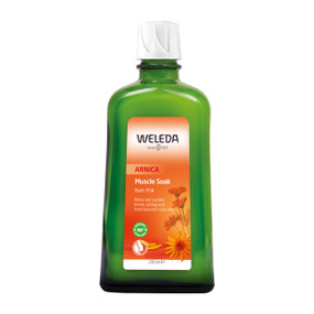Weleda Arnica Muscle Soak comes in a 200ml green glass bottle with a white cap and bright orange label. Arnica bath soak eases muscle aches, reduce soreness, and relieves tension and pain after exercise.