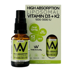 Well.Actually. Vitamin D3 + K2 Liposomal Oral Spray - Lime Crush - 2000-iu 30-ml glass bottle in recyclable brown box; provides high bioavailable vitamin D3.