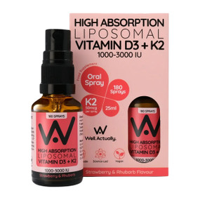 Well.Actually. Vitamin D3 + K2 Liposomal Spray Strawberry & Rhubarb - 2000-iu 30-ml glass bottle in recyclable brown box; provides high bioavailable vitamin D3 & K2