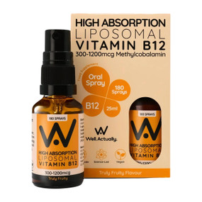 Well.Actually. Vitamin B12 Liposomal Oral Spray - Truly Fruity - 300-iu 30-ml glass bottle in recyclable brown box; the most bioavailable form of B12 (Methylcobalamin)