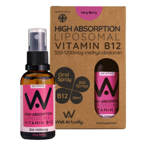 Well.Actually. Vitamin B12 Liposomal Oral Spray - Very Berry - 300-mcg 30-ml glass bottle in recyclable brown box; the most bioavailable form of B12, Methylcobalamin