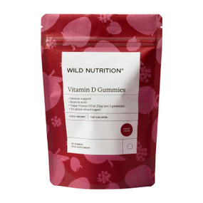 Wild Nutrition Food-Grown® Vitamin D Gummies For Children, 60 gummies in a pink & burgundy compostable pouch.