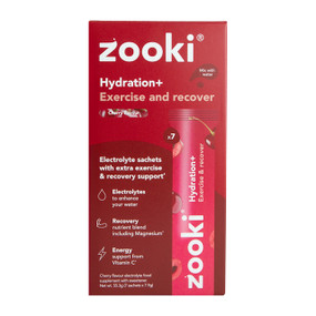 Zooki Hydration+ Exercise & Recover 7 sachets in a red cardboard box