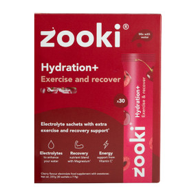Zooki Hydration+ Exercise & Recover 30 electrolyte drink sachets in a red cardboard box