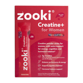 Zooki Creatine+ for Women, 30 x 6.58g Sachets in a red carton box;  5g creatine per sachet with B6, B12, and zinc for energy, performance, and muscle support.