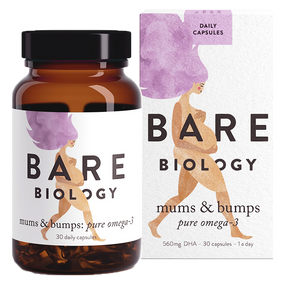 Bare Biology Mums & Bumps Omega 3 Fish Oil - 30-Capsules in a glass jar; formerly Bump & Glory DHA Omega 3 Fish Oil, supplement provides Omega 3 fish oil rich in DHA which is vital during pregnancy.