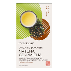 ClearSpring Organic Matcha Genmaicha Rice Tea - 20-Tea Bags white box; brings you the benefits of green tea with a nutty flavour.