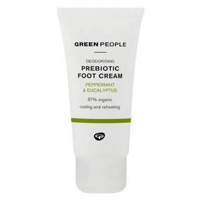 Green People Deodorising Prebiotic Foot Cream - 50-ml white tube; made with a blend of potent prebiotics and skin calming phyto actives which bind moisture to the skin on the feet and heels .