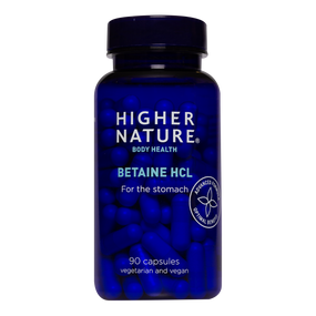 Higher Nature Betaine HCL - 90-Capsulesin a blue bottle; a stomach acid supplement to aid digestion, prevent bloating, gas, acid reflux and heartburn