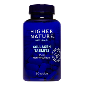 Higher Nature Collagen Tablets - 90-Tablets in a blue plastic bottle; contains hydrolysed pure marine collagen for renewal of healthy joints and skin.