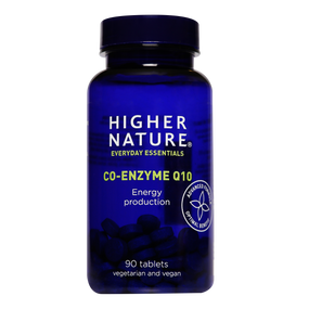 Higher Nature Co-Enzyme Q10 90 Tablets -in a blue plastic bottle; offering a convenient means of boosting your CoQ10 status for energy production.