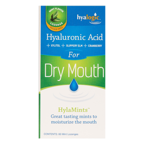 Hyalogic Hylamints - 60-Lozenges box; a treatment remedy containing hyaluronic acid in a mint lozenge to help provide relief from dry mouth symptoms.