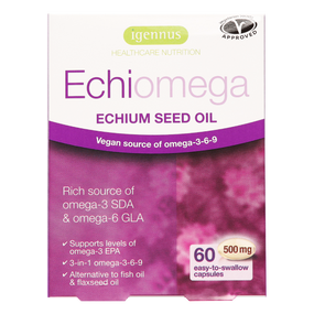 Igennus Echiomega – 500 mg, 60 capsules in a box; provides the best source of plant derived omega 3,6 and 9 essential fats which are a great alternative to flaxseed oil, fish oil or hempseed oil capsules.