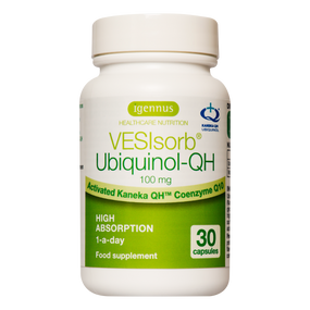 Igennus VESIsorb Ubiquinol-QH - 30-Capsules white tub with  green label; supplement to enhance energy as well for a healthy heart.