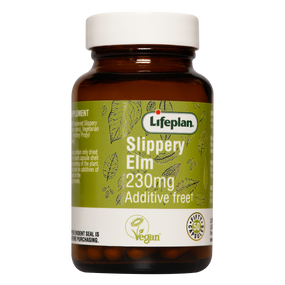 Lifeplan Slippery Elm 50-capsules - 230-mg brown glass bottle with green label; helps to soothe stomach pain.