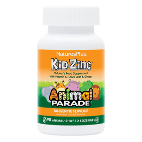 Natures Plus Animal Parade® KidZinc® Lozenges - 90-Lozenges white plastic tub with orange animal design label; provide 8mg of the highest quality zinc in every delicious, natural tangerine flavour lozenge, along with olive leaf and ginger. Zinc provides nutritional support for the normal function of the immune system and nervous system