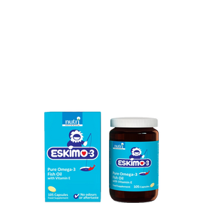 Nutri Advanced Eskimo 3 Fish Oil 105 caps - brown glass jar with blue label and blue carton; benefits circulation, protects the heart & may help alleviate joint pain
