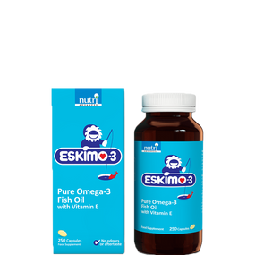 Nutri Advanced Eskimo 3 Fish Oil 250-capsules - brown glass bottle with blue label and blue carton; provides all the benefits associated with omega-3 essential fatty acids
