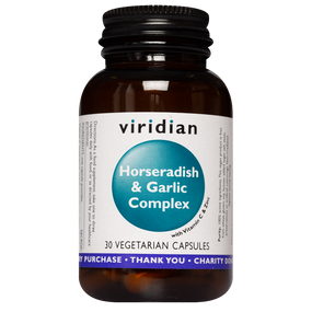 Viridian Nutrition Horseradish and Garlic Complex 30-capsules - bottle; the ideal supplement to help treat colds, sinus congestion & sinusitis.
